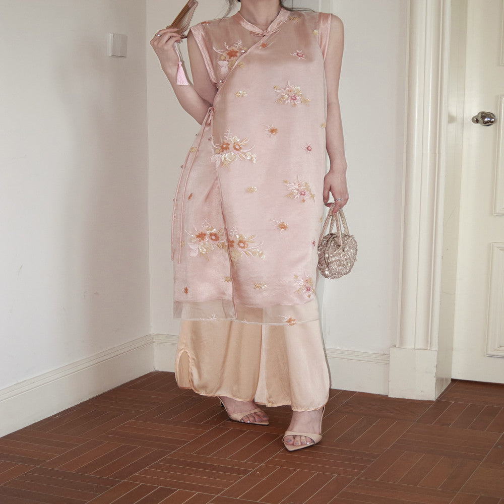 Camelux silk shadow fragrant embroidery silk acetate cheongsam 6A19MM mulberry silk wide leg pants image 2