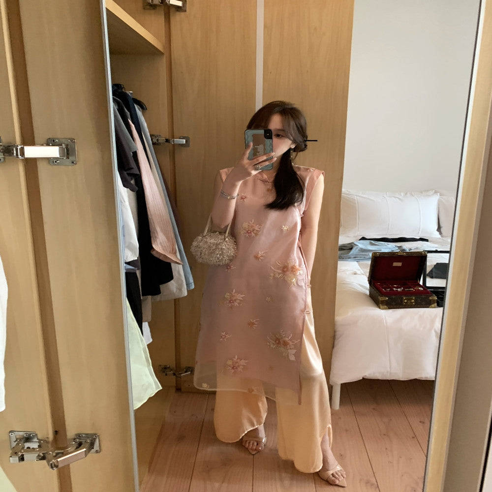 Camelux silk shadow fragrant embroidery silk acetate cheongsam 6A19MM mulberry silk wide leg pants image 5