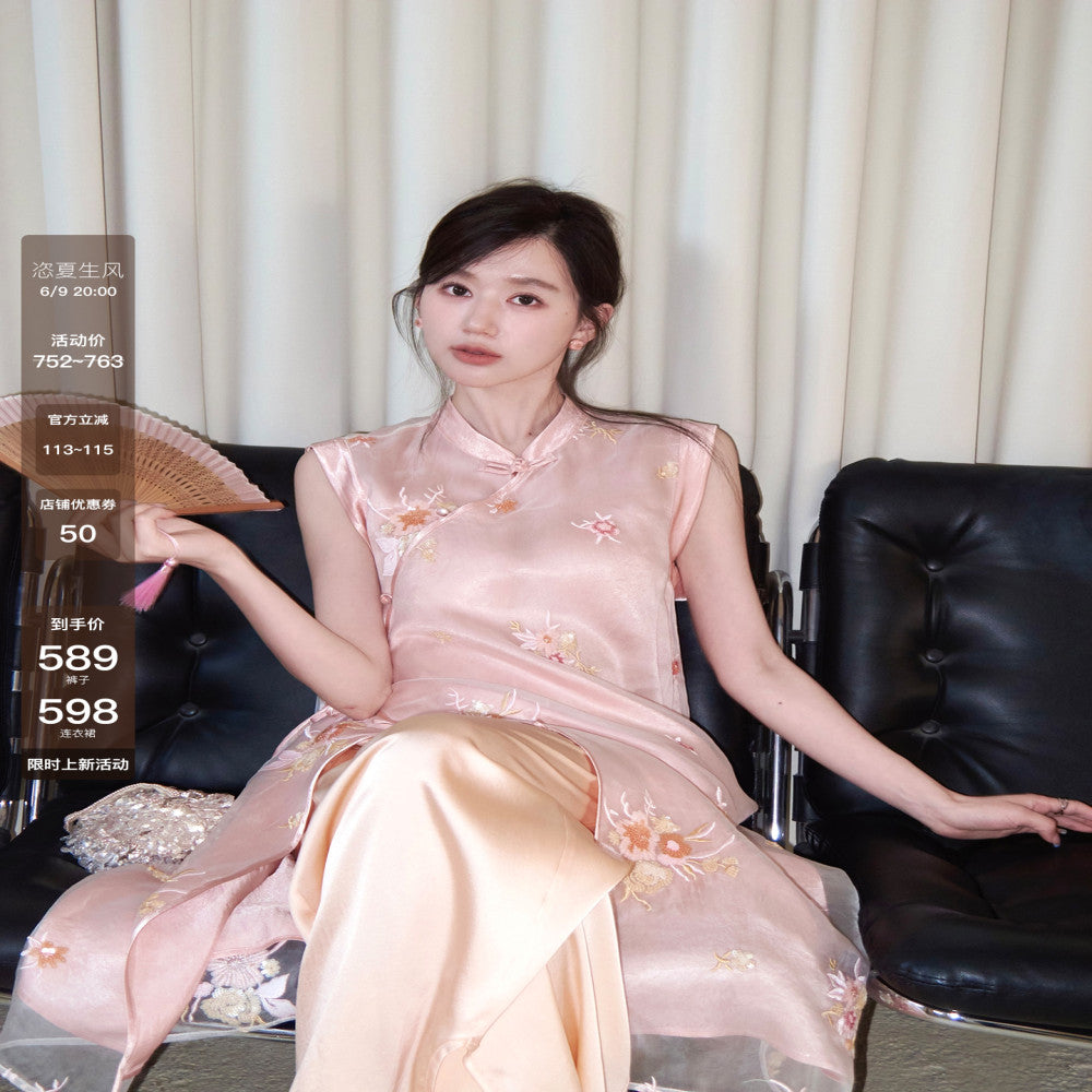 Camelux silk shadow fragrant embroidery silk acetate cheongsam 6A19MM mulberry silk wide leg pants image 0