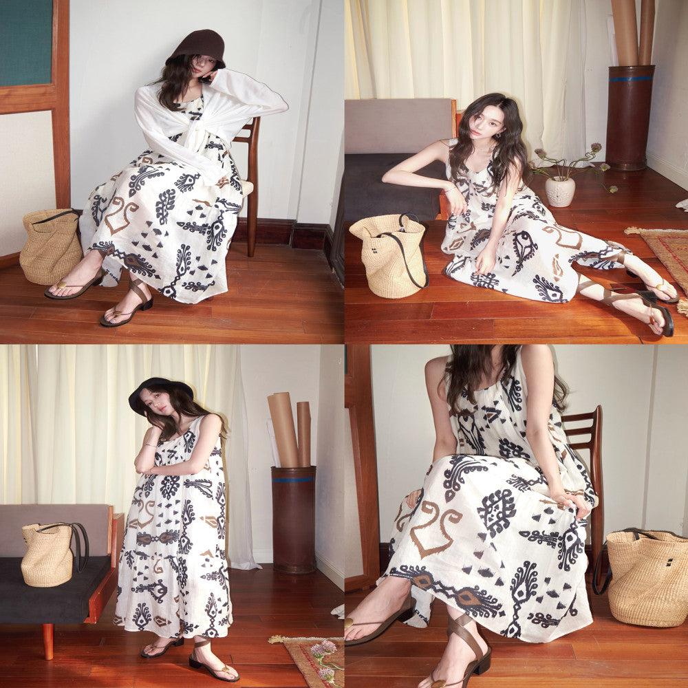Camelux Line Boho Bohemian Cotton 100 Natural Ramie Bohemian Printed Sleeveless Dress image 3
