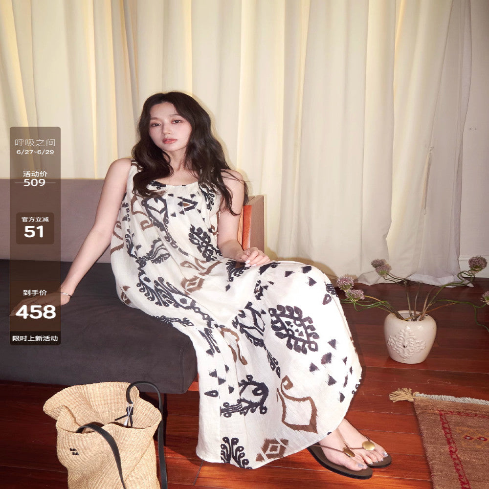 Camelux Line Boho Bohemian Cotton 100 Natural Ramie Bohemian Printed Sleeveless Dress image 0