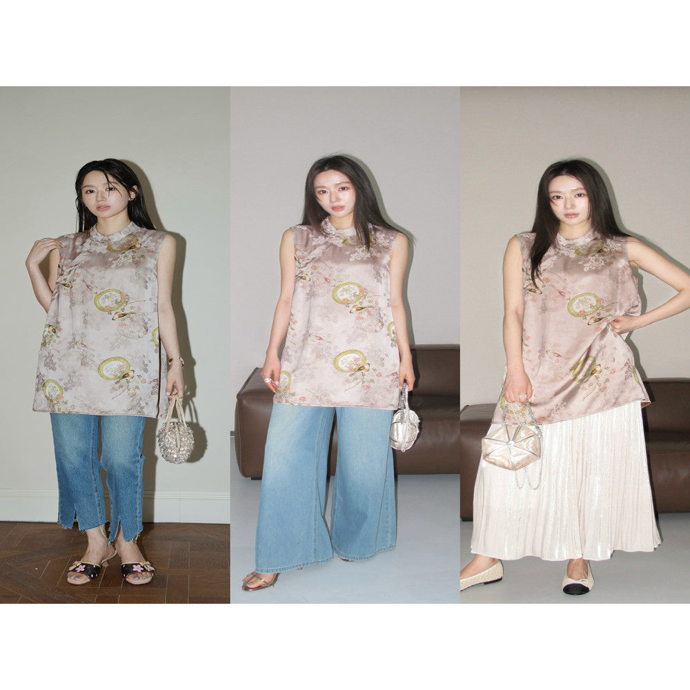 Momo Tixiang Yunsu Youth Edition Xiangyun Yarn Imitation Double sided Two tone New Chinese Style Sleeveless Printed Top image 3