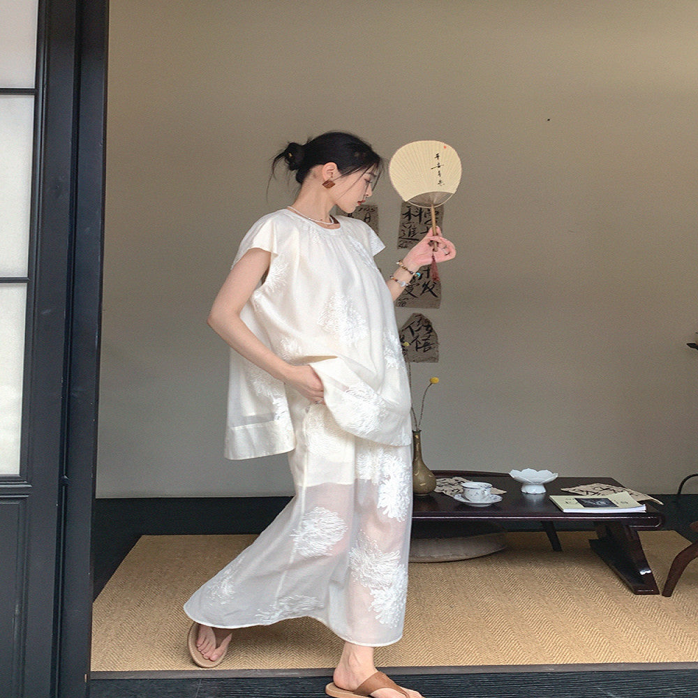 Customized rice white Chinese style two piece set for dimples women s 2025 summer gentle style loose top split skirt image 1