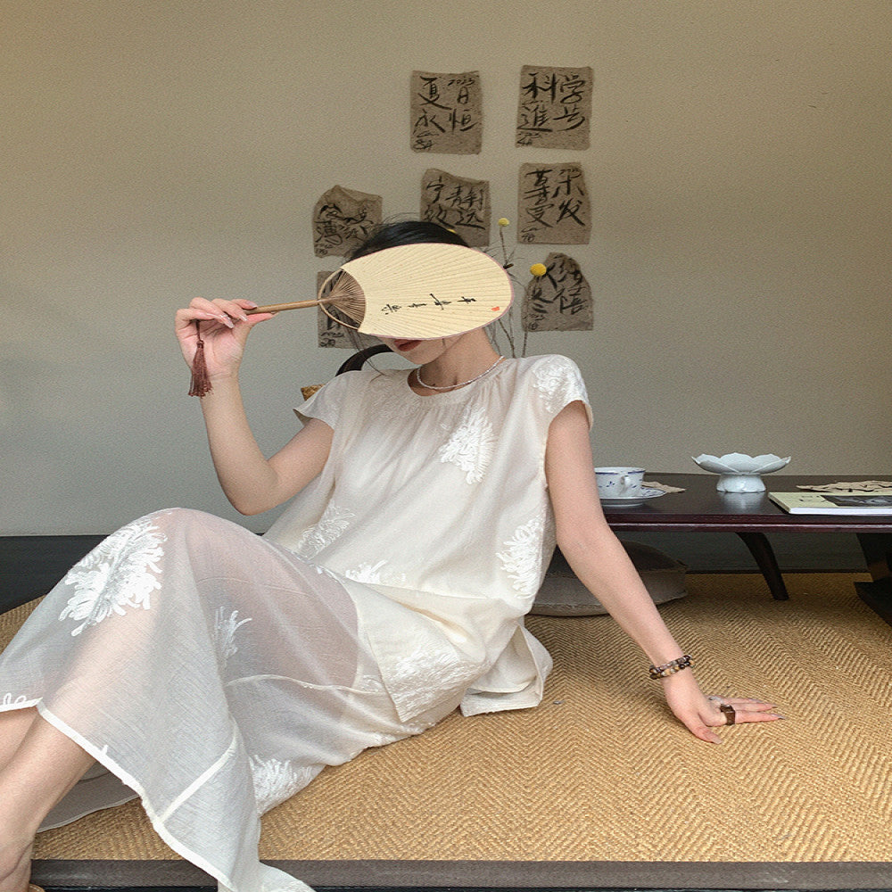Customized rice white Chinese style two piece set for dimples women s 2025 summer gentle style loose top split skirt image 4
