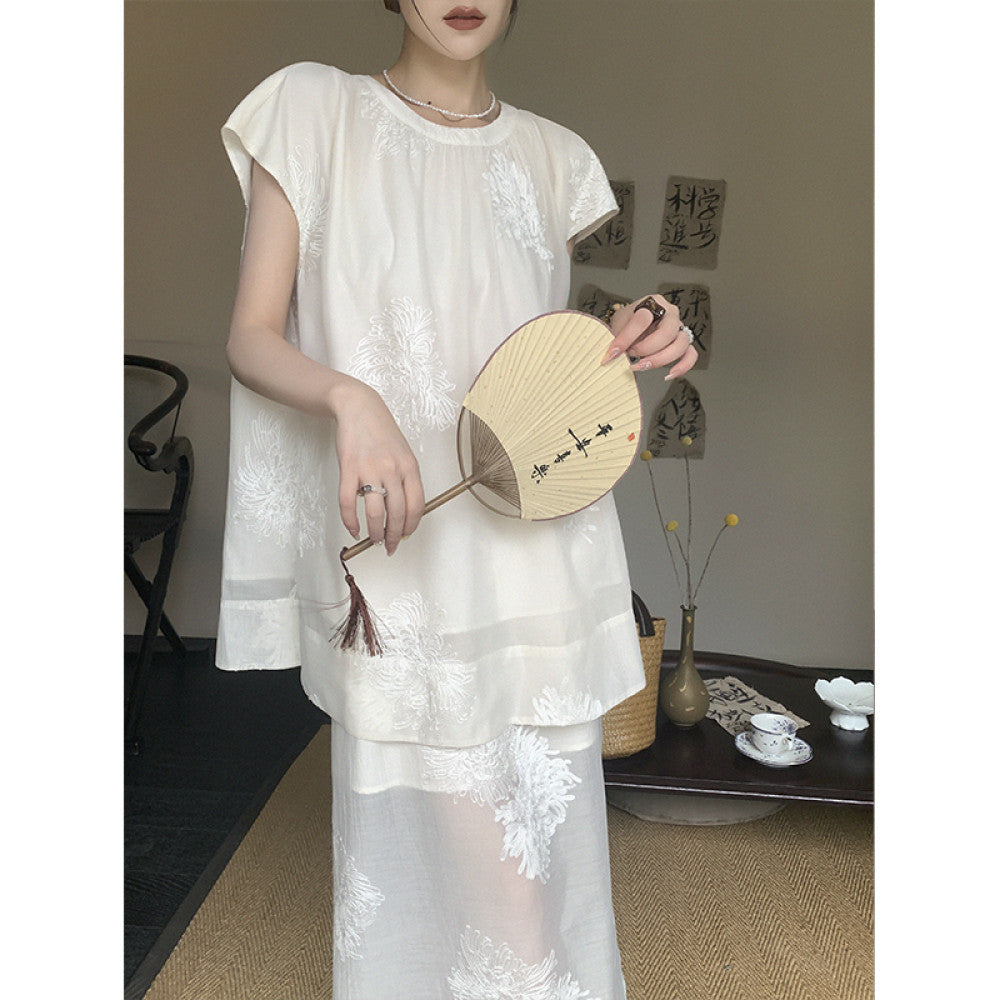 Customized rice white Chinese style two piece set for dimples women s 2025 summer gentle style loose top split skirt image 9