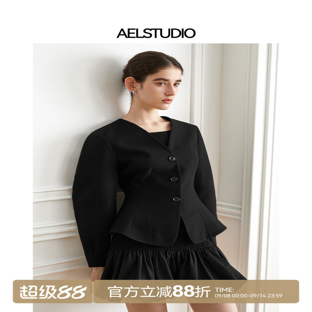 AEL original high end small suit 2025 early autumn new black V neck casual short jacket for women image 0