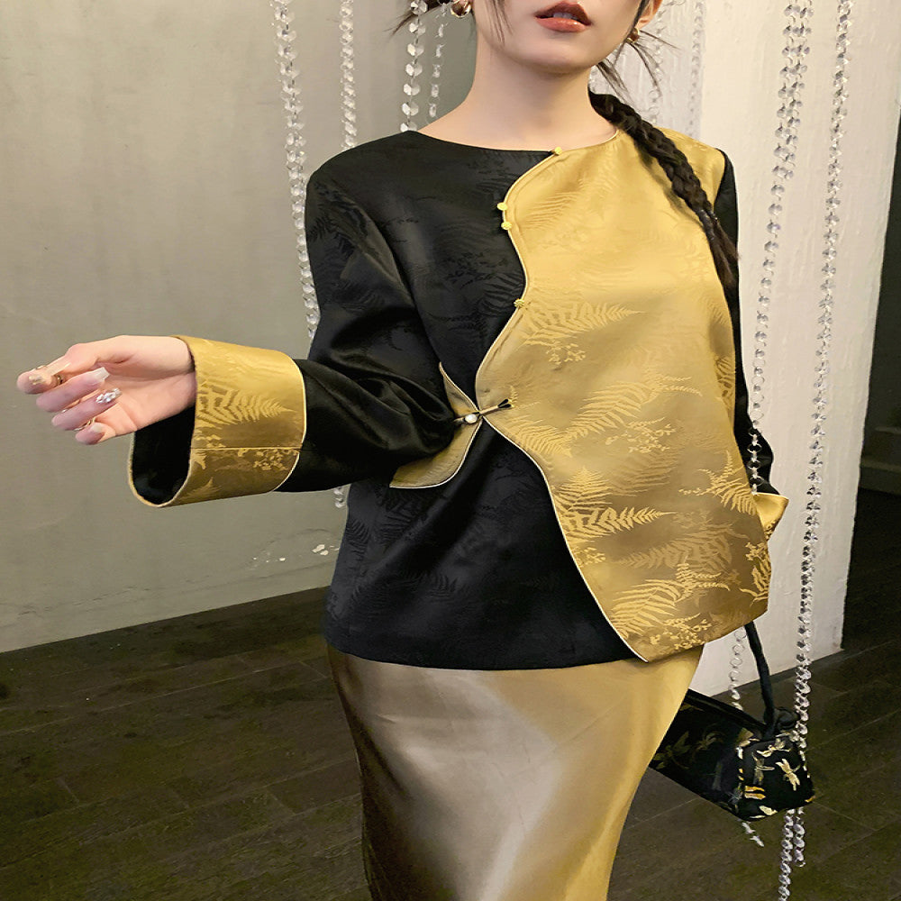 Jiexiang Shattered Mu 25 Spring Summer New Chinese Style High end Jacquard Color Contrast Fashion Look Thin Versatile Shirt image 2