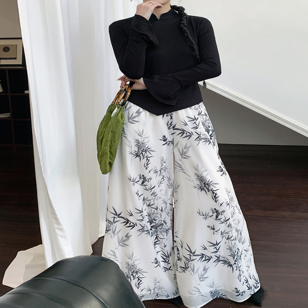 Jiexiang Manchun Qu 25 Spring New Chinese Ink Printed Wide Leg Pants for Women in Spring High Waist and Hanging Casual Pants image 2