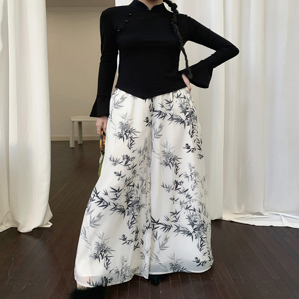 Jiexiang Manchun Qu 25 Spring New Chinese Ink Printed Wide Leg Pants for Women in Spring High Waist and Hanging Casual Pants image 4