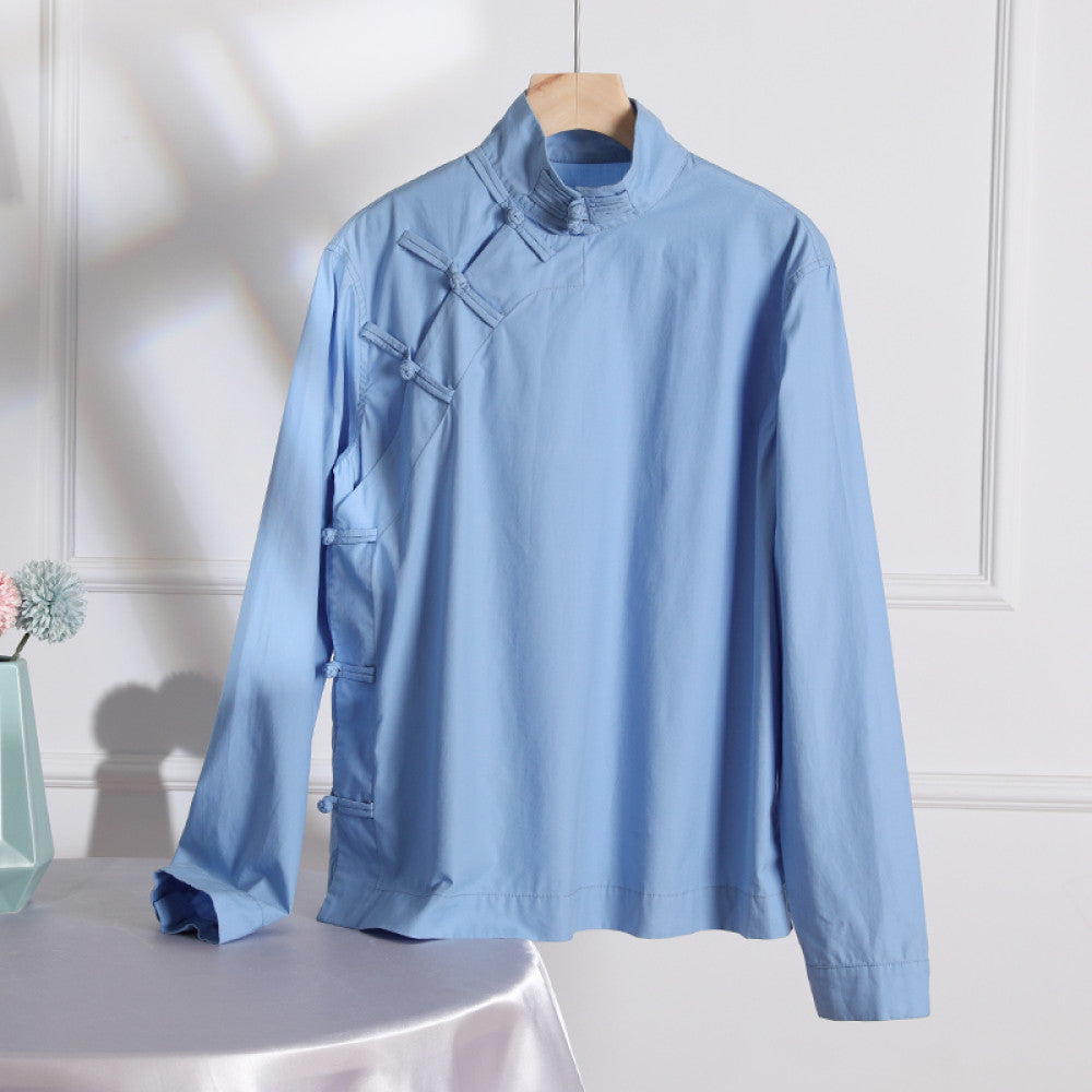 High necked long sleeved shirt with a female design sense new Chinese style and improved cheongsam with buckle blue top and diagonal collar as the base layer image 2