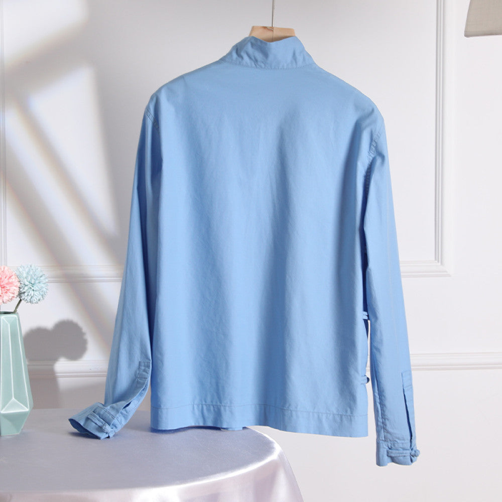 High necked long sleeved shirt with a female design sense new Chinese style and improved cheongsam with buckle blue top and diagonal collar as the base layer image 3