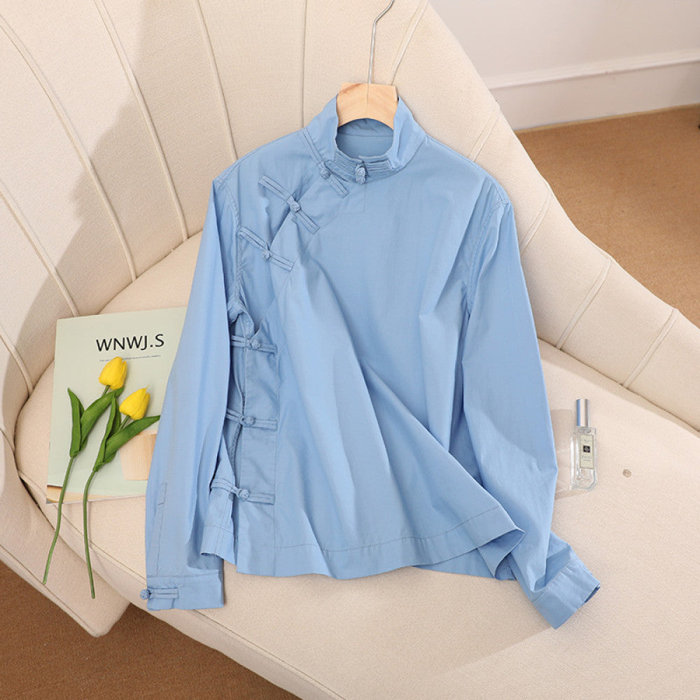 High necked long sleeved shirt with a female design sense new Chinese style and improved cheongsam with buckle blue top and diagonal collar as the base layer image 5
