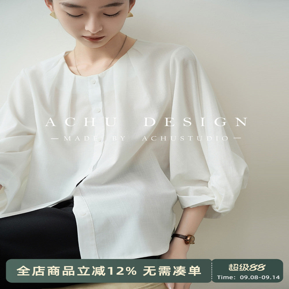 ACHU lightweight breathable round neck seven quarter sleeve white shirt for women s spring lantern sleeve design commuter top image 1