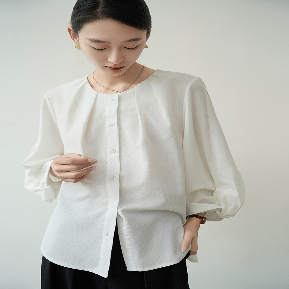 ACHU lightweight breathable round neck seven quarter sleeve white shirt for women s spring lantern sleeve design commuter top image 2