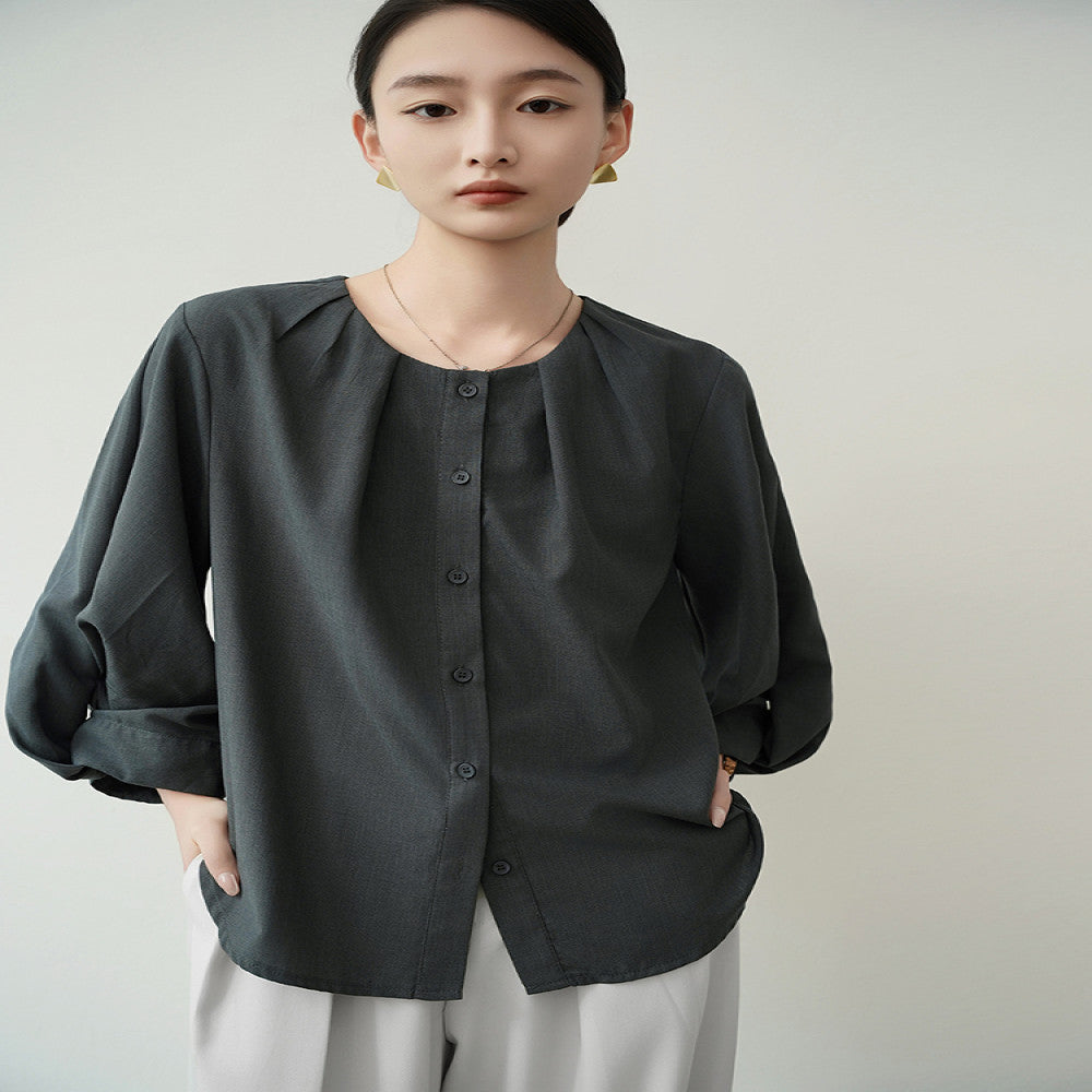 ACHU lightweight breathable round neck seven quarter sleeve white shirt for women s spring lantern sleeve design commuter top image 3