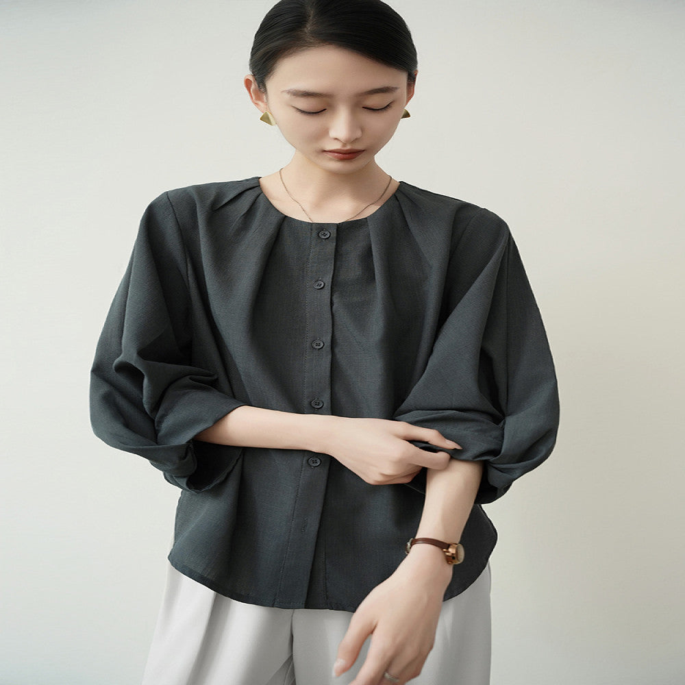 ACHU lightweight breathable round neck seven quarter sleeve white shirt for women s spring lantern sleeve design commuter top image 4