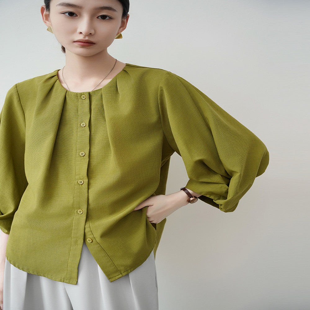 ACHU lightweight breathable round neck seven quarter sleeve white shirt for women s spring lantern sleeve design commuter top image 5