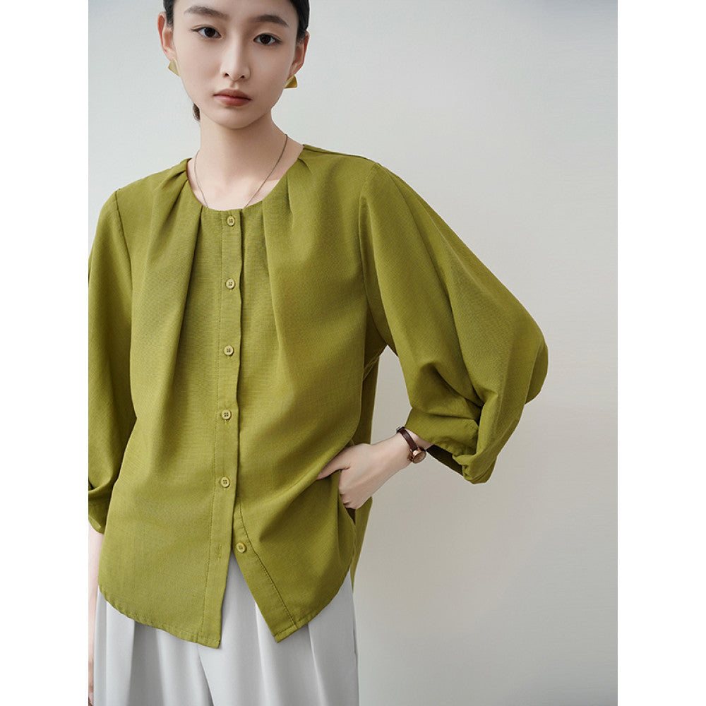 ASAYA3012 Lightweight and breathable retro round neck cotton and linen shirt