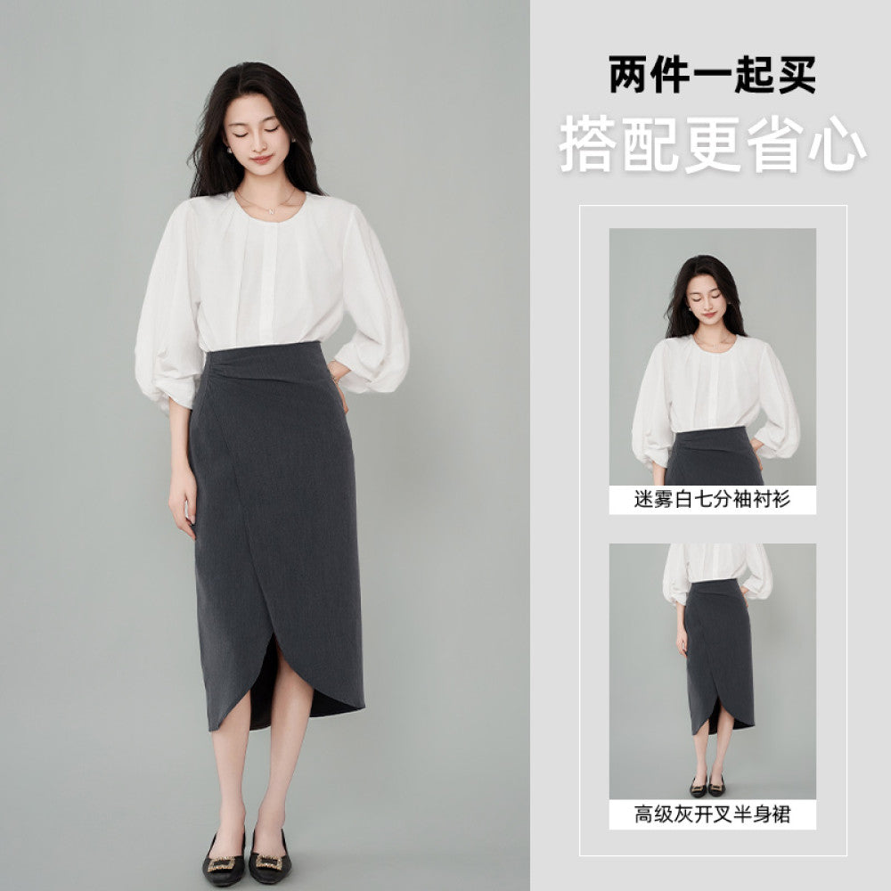ACHU lightweight breathable round neck seven quarter sleeve white shirt for women s spring lantern sleeve design commuter top image 19