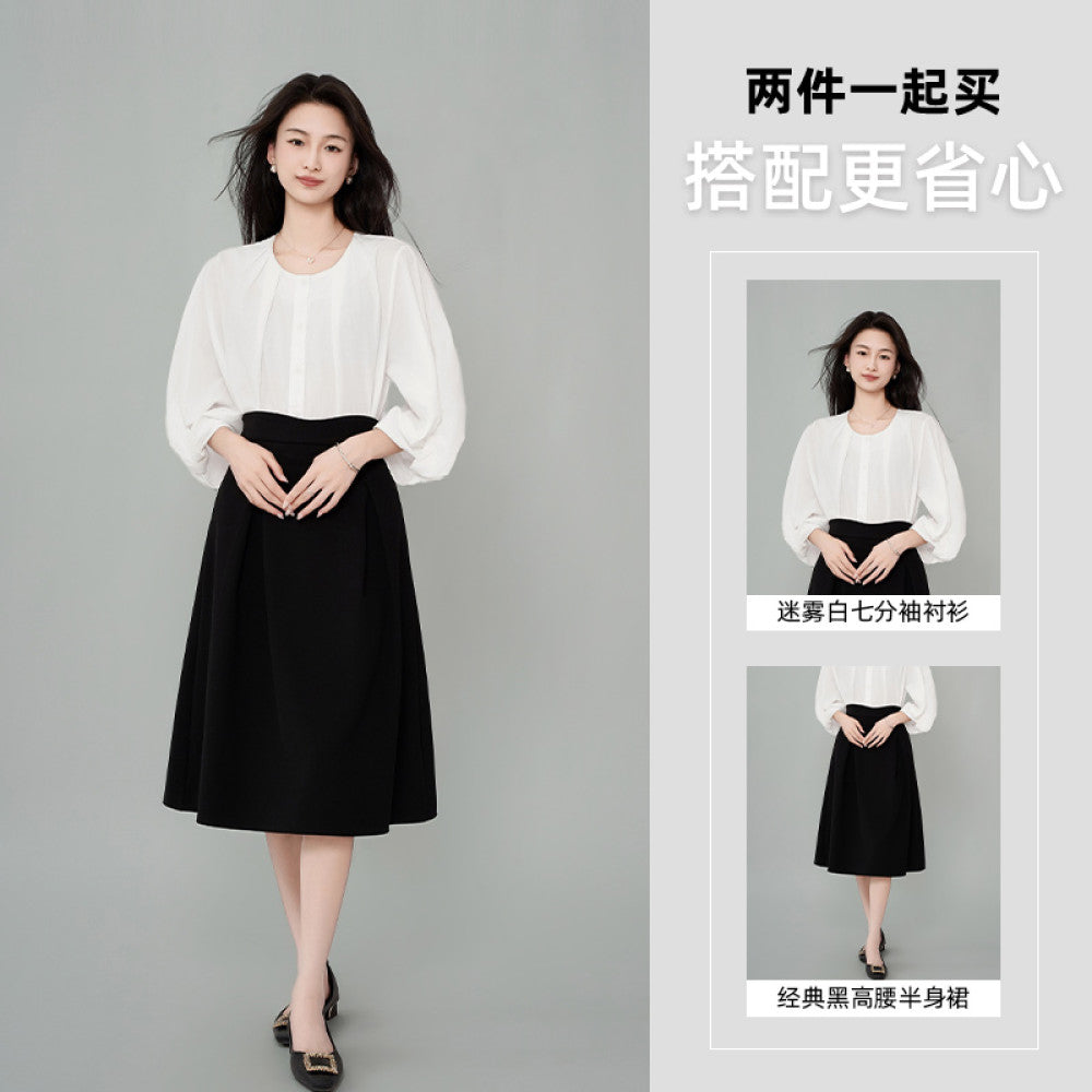 ACHU lightweight breathable round neck seven quarter sleeve white shirt for women s spring lantern sleeve design commuter top image 23