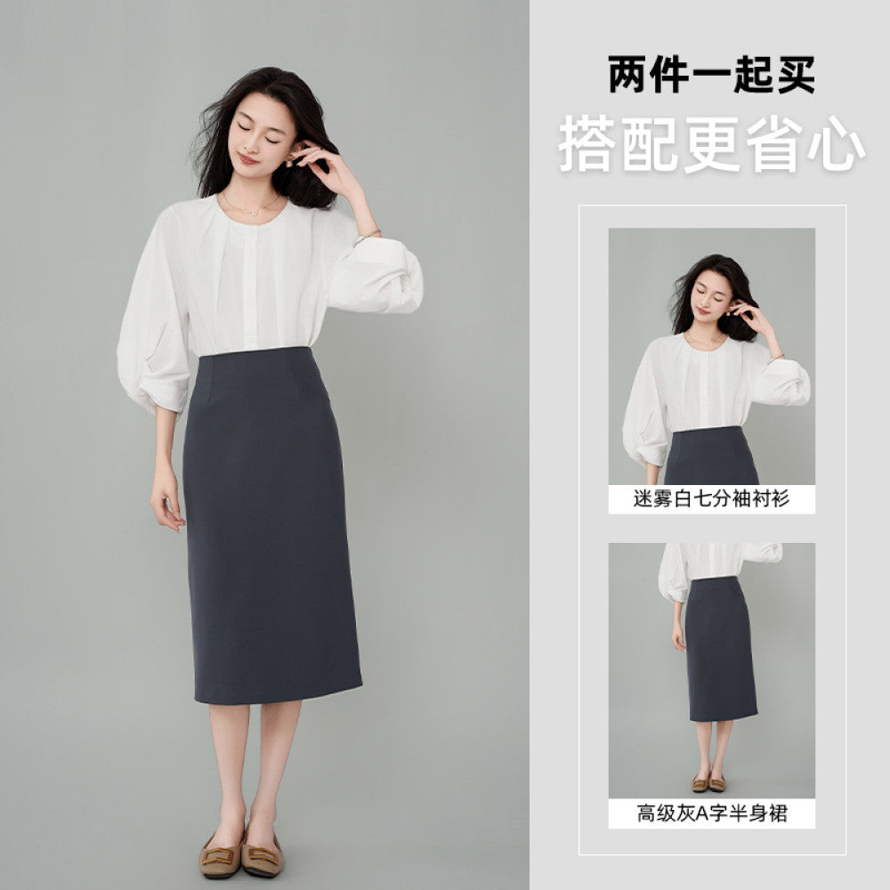 ACHU lightweight breathable round neck seven quarter sleeve white shirt for women s spring lantern sleeve design commuter top image 27