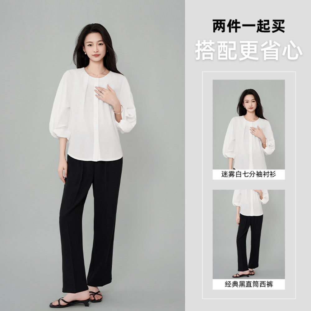 ACHU lightweight breathable round neck seven quarter sleeve white shirt for women s spring lantern sleeve design commuter top image 31