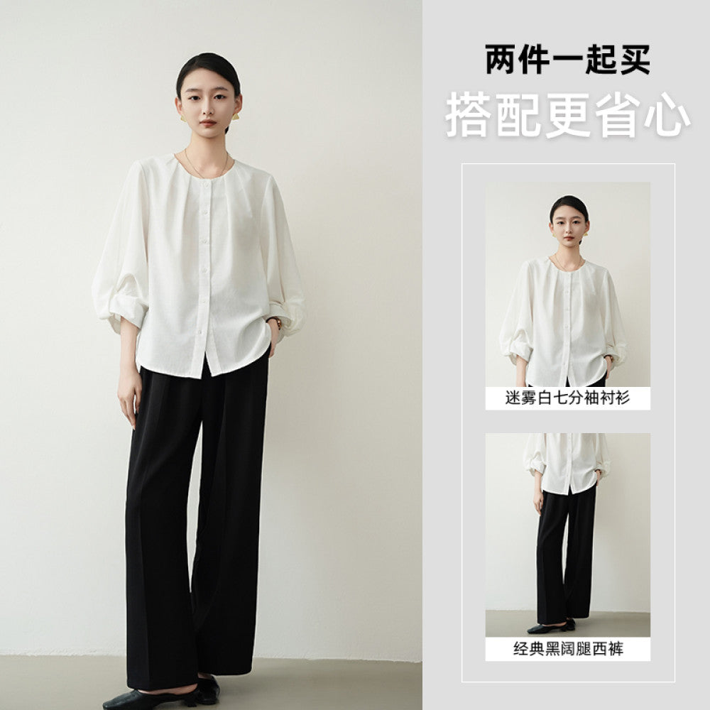 ACHU lightweight breathable round neck seven quarter sleeve white shirt for women s spring lantern sleeve design commuter top image 35