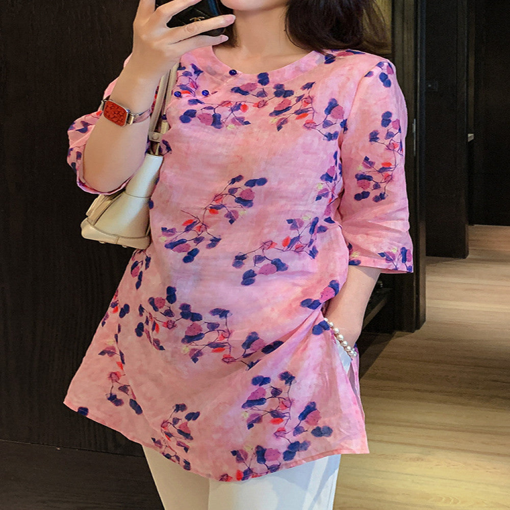 2025 Spring and Autumn New Shirt Women s Ramie Design niche retro Chinese style top improved cheongsam Tang style print image 1