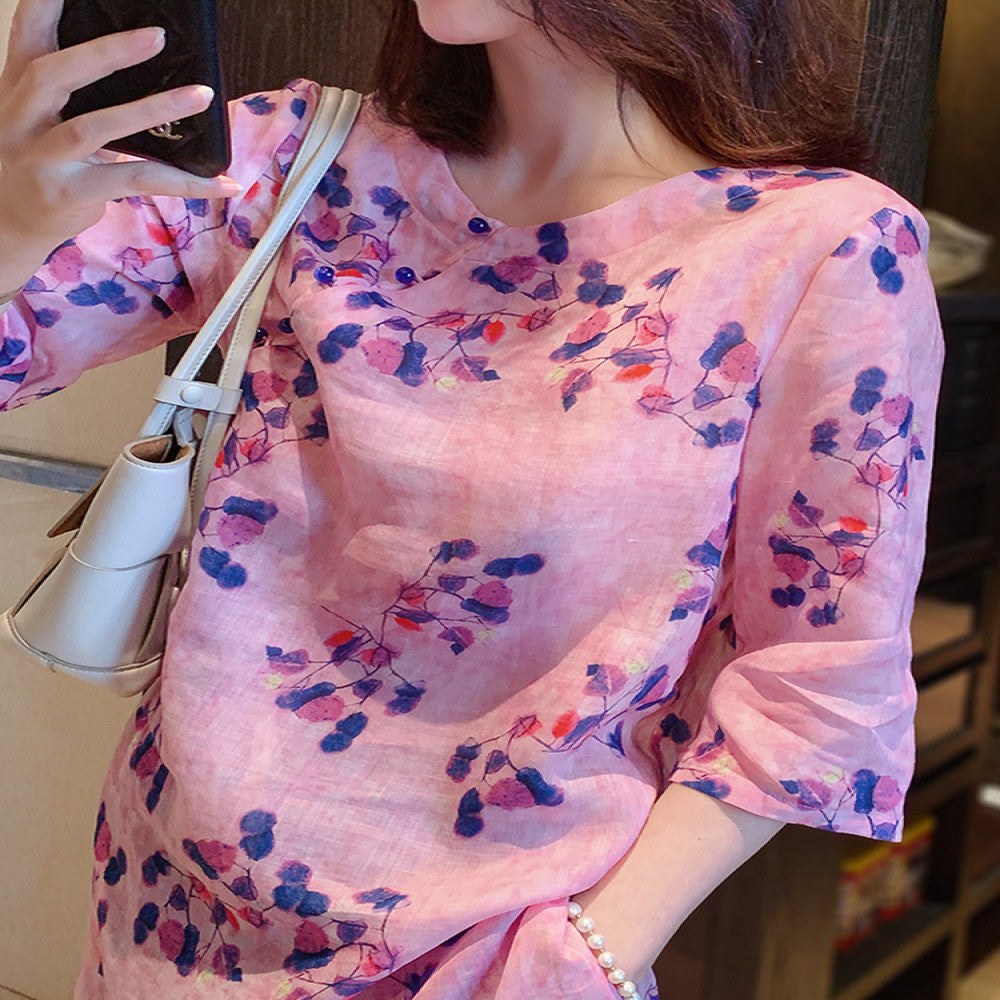 2025 Spring and Autumn New Shirt Women s Ramie Design niche retro Chinese style top improved cheongsam Tang style print image 2