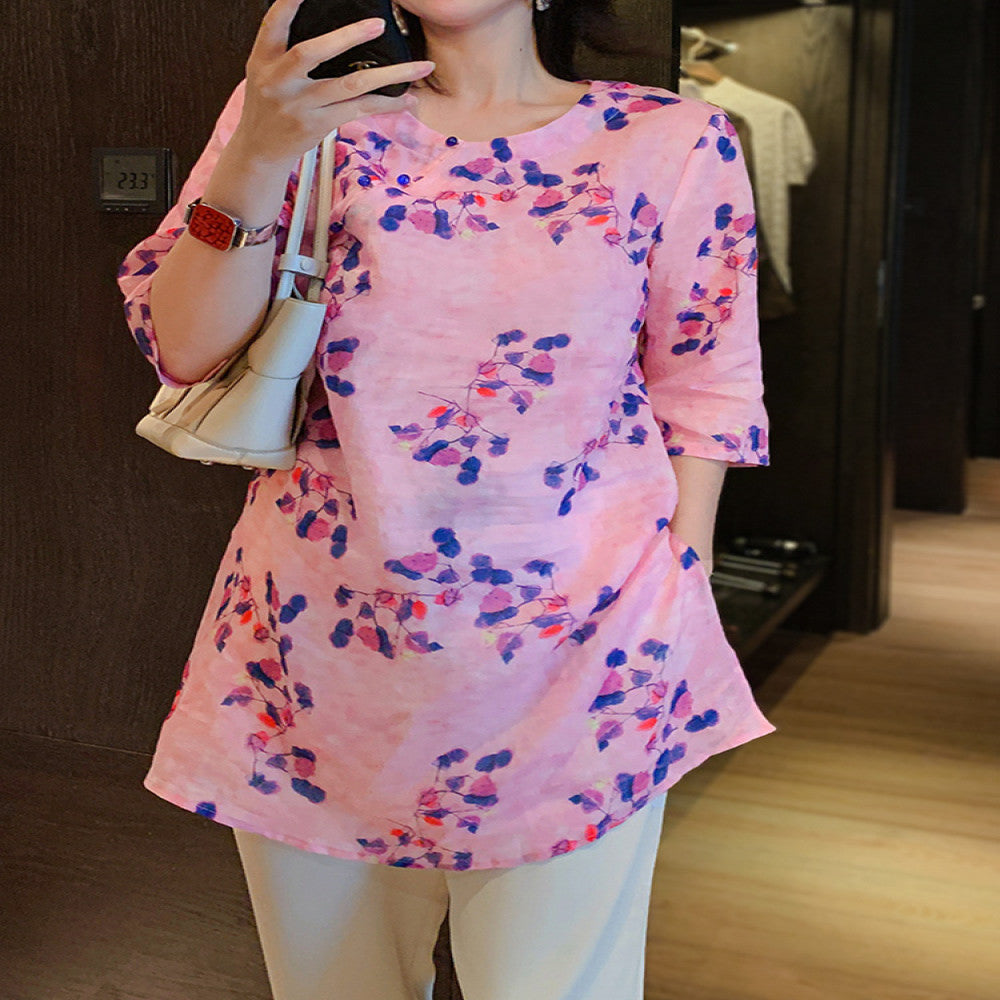2025 Spring and Autumn New Shirt Women s Ramie Design niche retro Chinese style top improved cheongsam Tang style print image 4