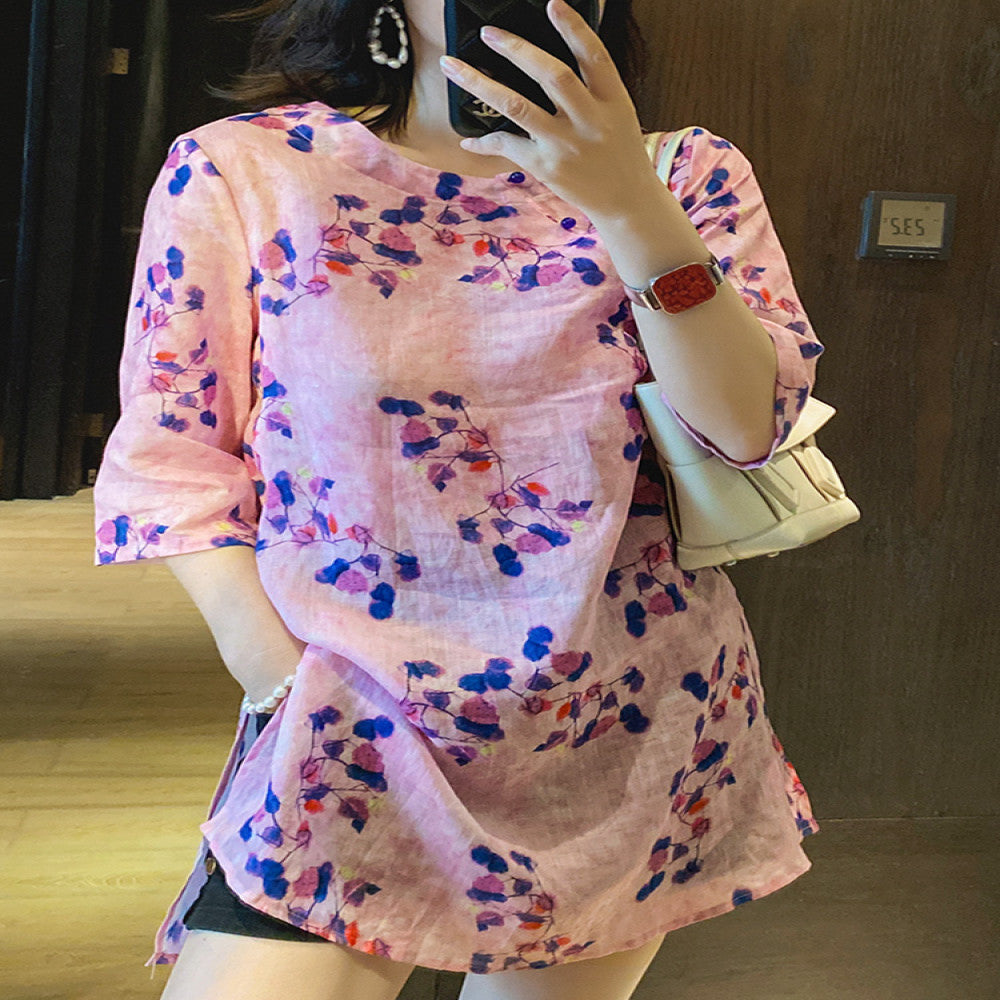 2025 Spring and Autumn New Shirt Women s Ramie Design niche retro Chinese style top improved cheongsam Tang style print image 5