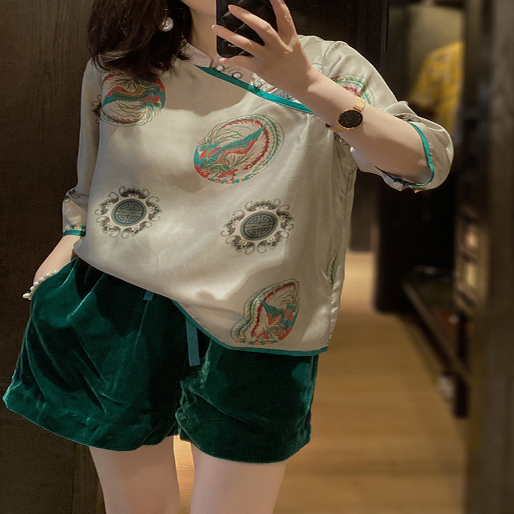 Heavy duty silk top for women in Spring and Autumn 2025 new style of new Chinese Tang clothing retro design niche silk shirt trend image 4