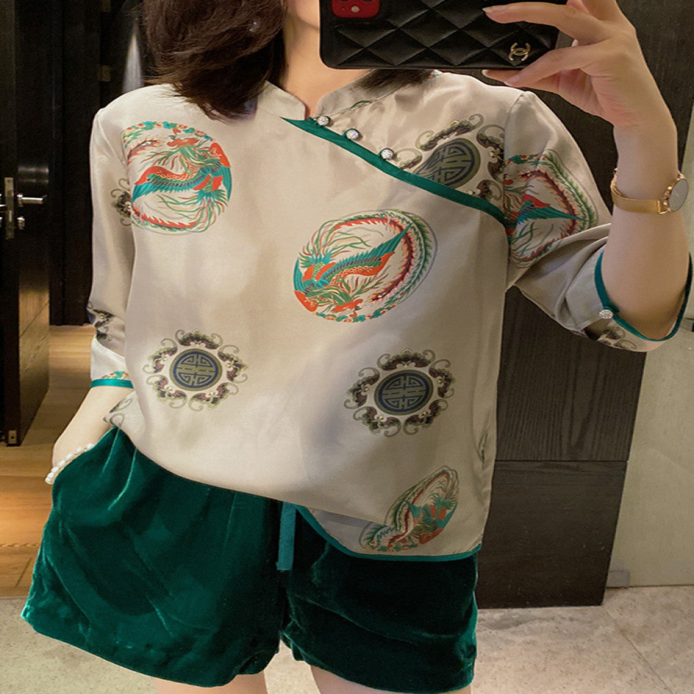 Heavy duty silk top for women in Spring and Autumn 2025 new style of new Chinese Tang clothing retro design niche silk shirt trend image 5