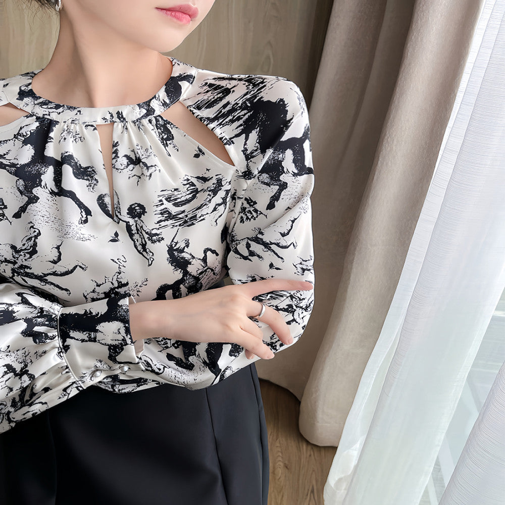 SUSUS black and white ink printed shirt for women s summer 2025 new hollow out niche design sense high end fashion top image 2