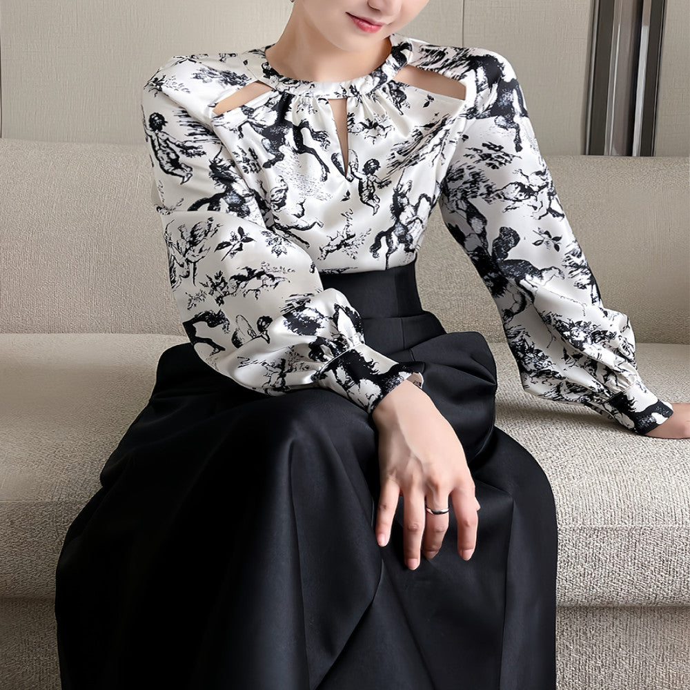 SUSUS black and white ink printed shirt for women s summer 2025 new hollow out niche design sense high end fashion top image 4