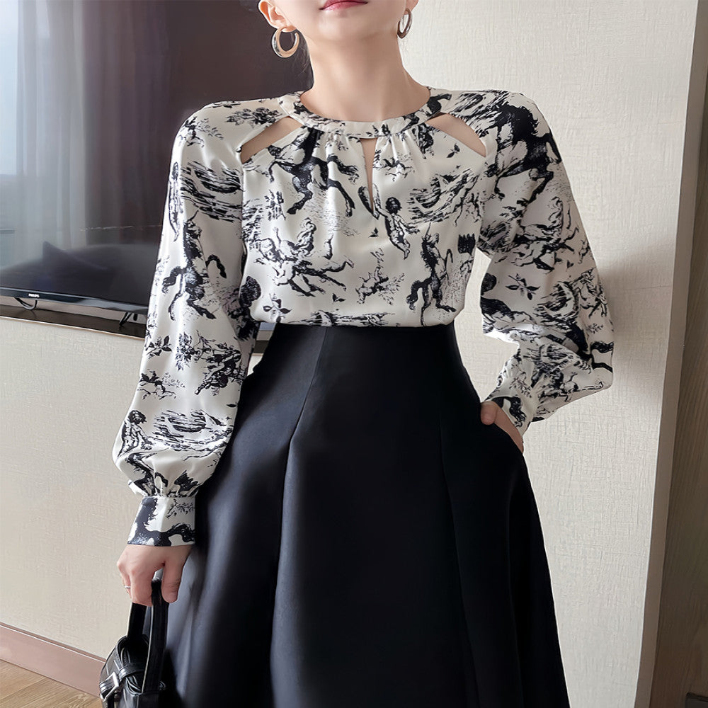 SUSUS black and white ink printed shirt for women s summer 2025 new hollow out niche design sense high end fashion top image 0