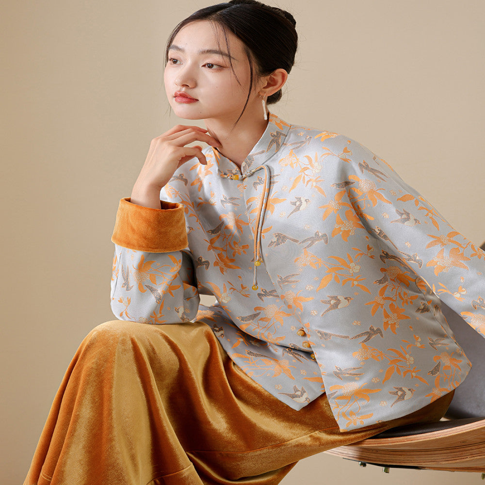 Magpie Ascends Branches Cicada Begins Chinese Style Tang Coat for Women 2025 New Chinese Brocade Velvet Cotton Coat Set image 1