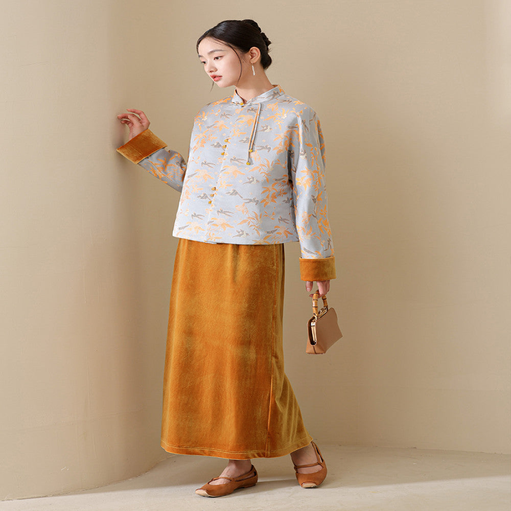 Magpie Ascends Branches Cicada Begins Chinese Style Tang Coat for Women 2025 New Chinese Brocade Velvet Cotton Coat Set image 3