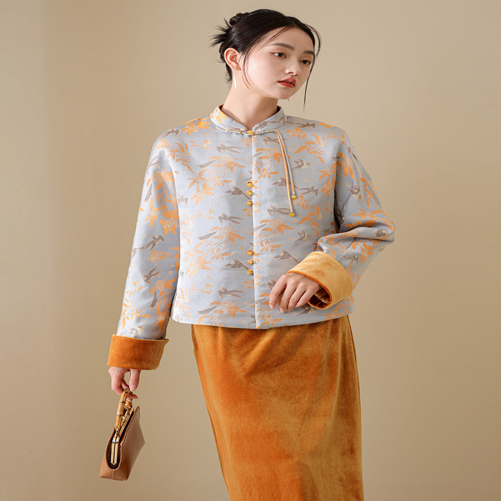 Magpie Ascends Branches Cicada Begins Chinese Style Tang Coat for Women 2025 New Chinese Brocade Velvet Cotton Coat Set image 4