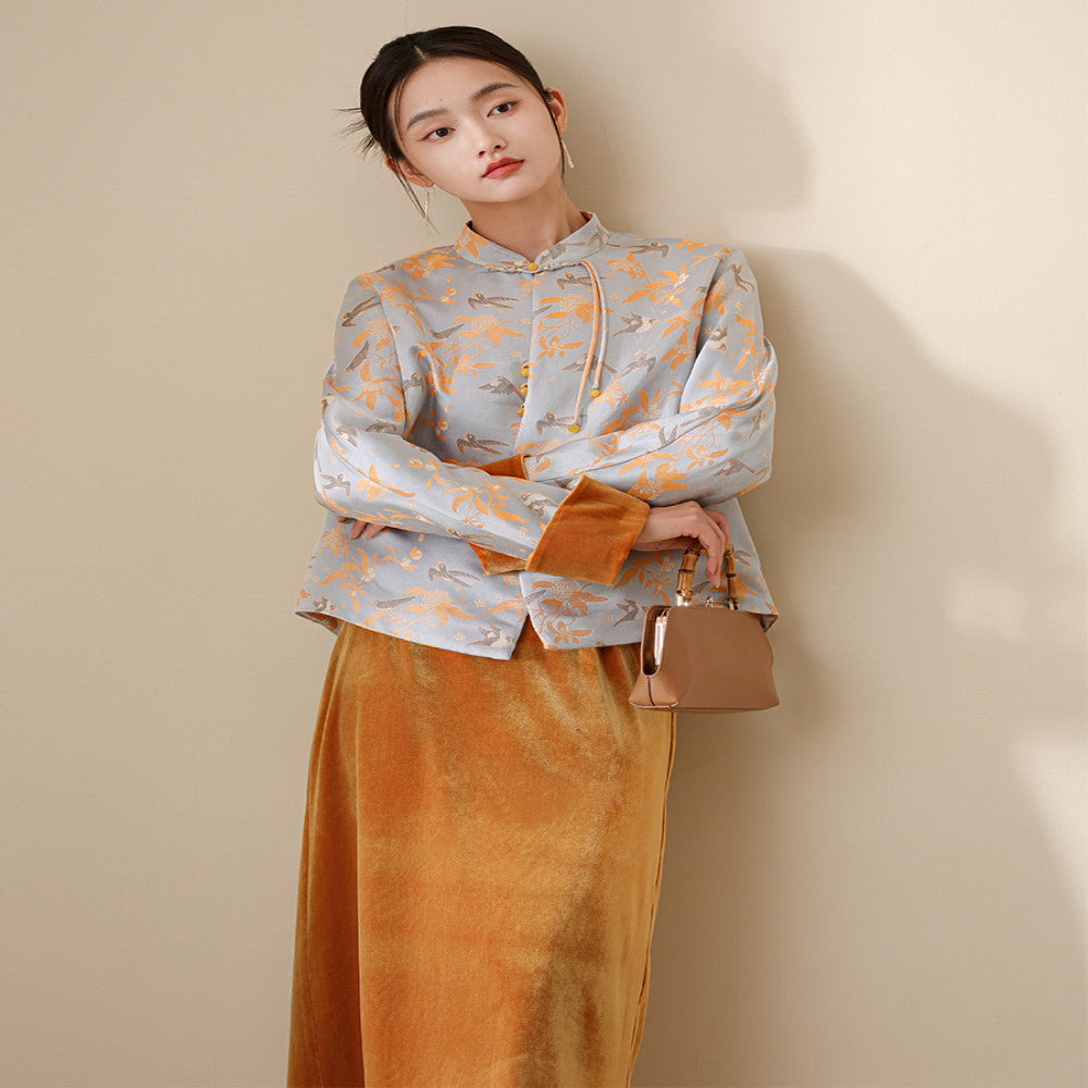 Magpie Ascends Branches Cicada Begins Chinese Style Tang Coat for Women 2025 New Chinese Brocade Velvet Cotton Coat Set image 5