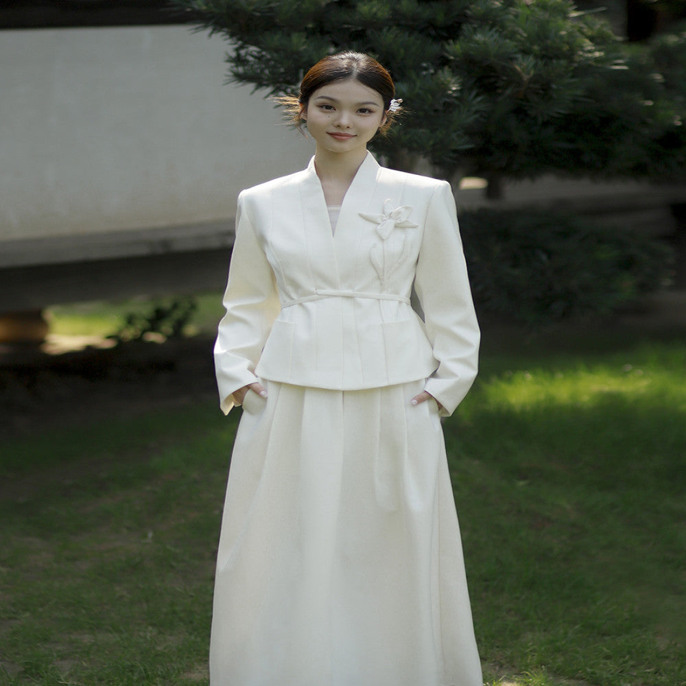 Apricot Language Please Mr Lu Apricot Chinese Style New Chinese Style Three Dimensional Flower Long Sleeve Suit Coat Half Skirt image 2
