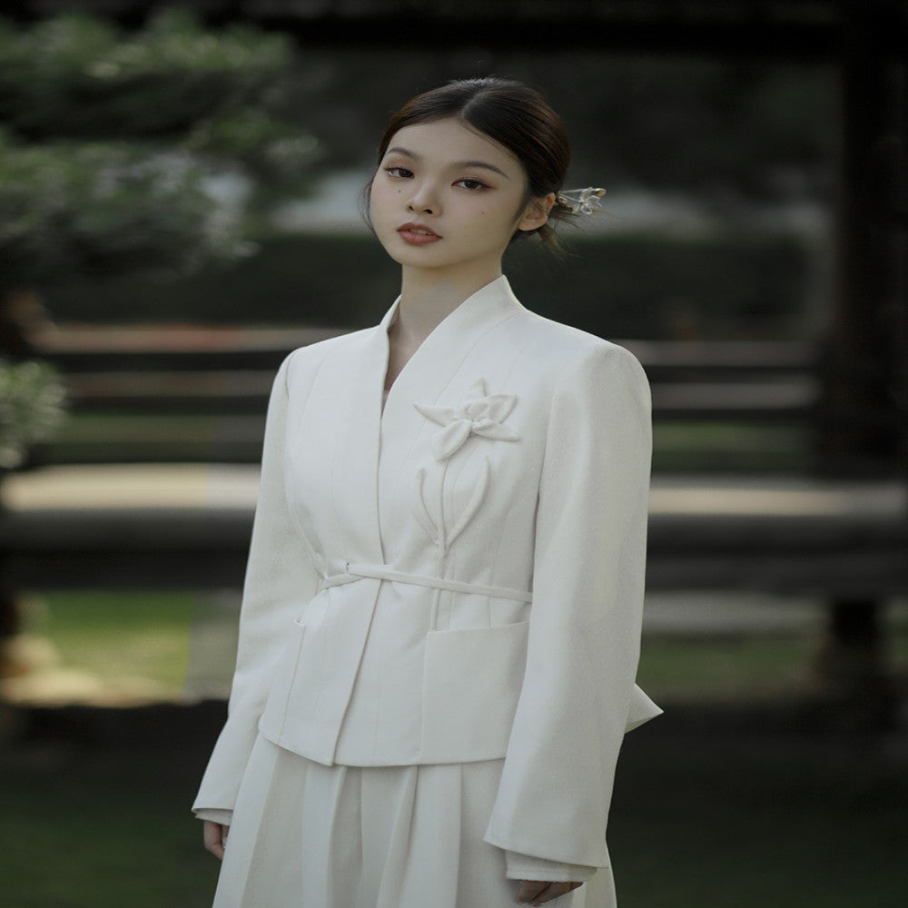 Apricot Language Please Mr Lu Apricot Chinese Style New Chinese Style Three Dimensional Flower Long Sleeve Suit Coat Half Skirt image 4