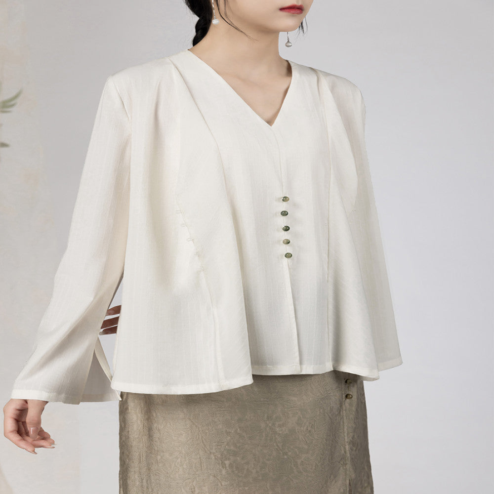Yyan means new Chinese style white fake two piece shirt with V neck and autumn jade pearl buckle design long sleeved top for women image 4