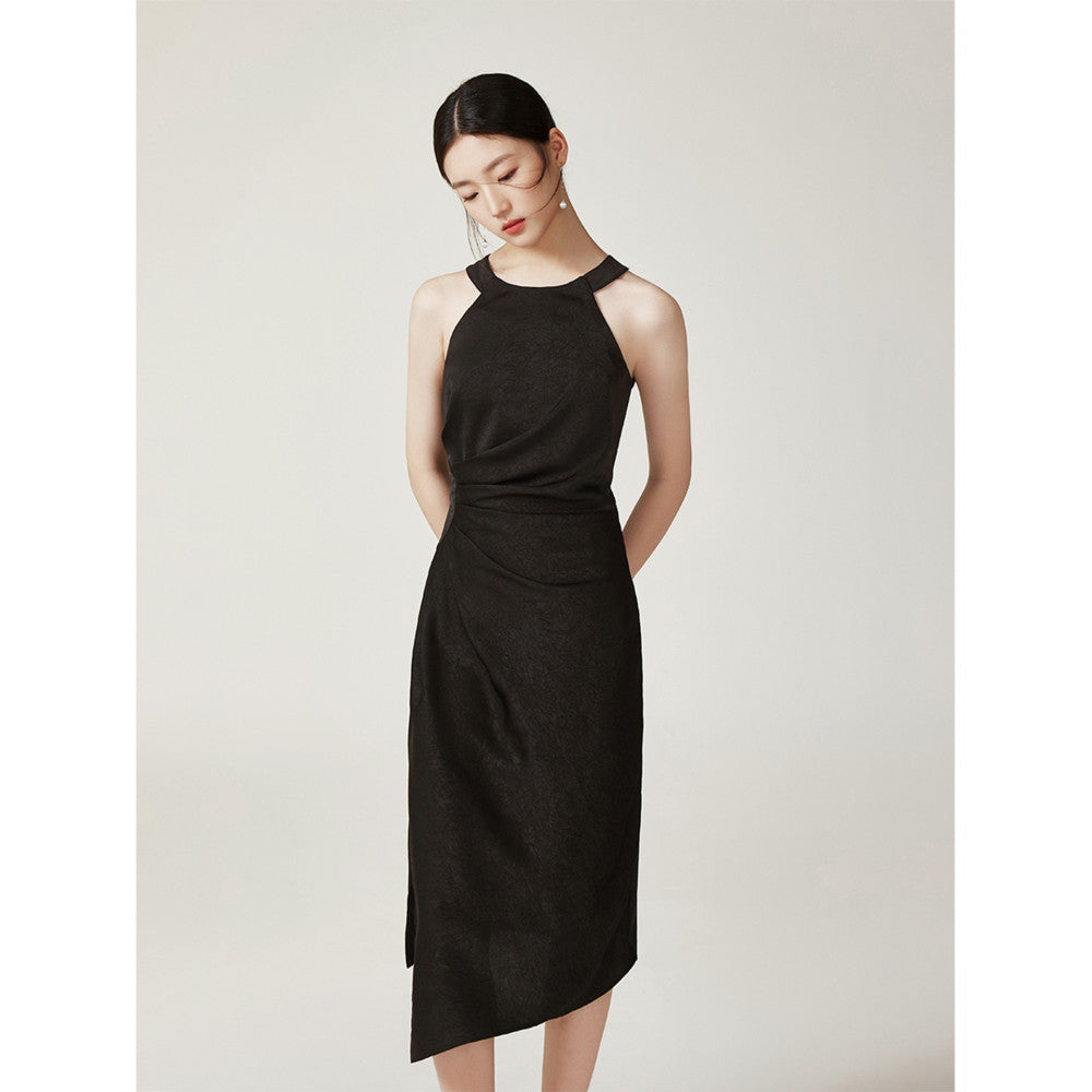 ASAYA2987 Simple design pleated waist slimming halterneck sleeveless dress