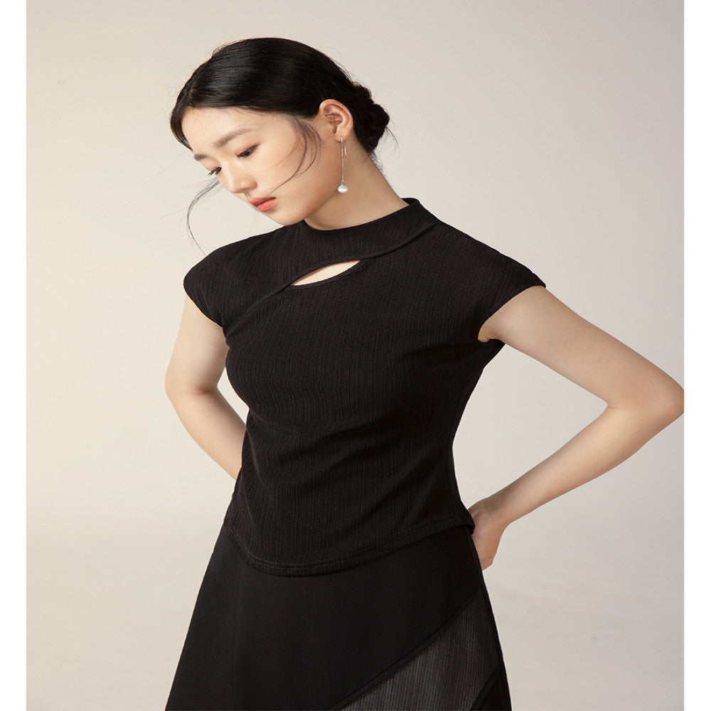 Yiyan New Chinese Knitted Top for Women 2024 New Black Texture Broken Cave National Style Slimming T shirt Short Sleeve image 1