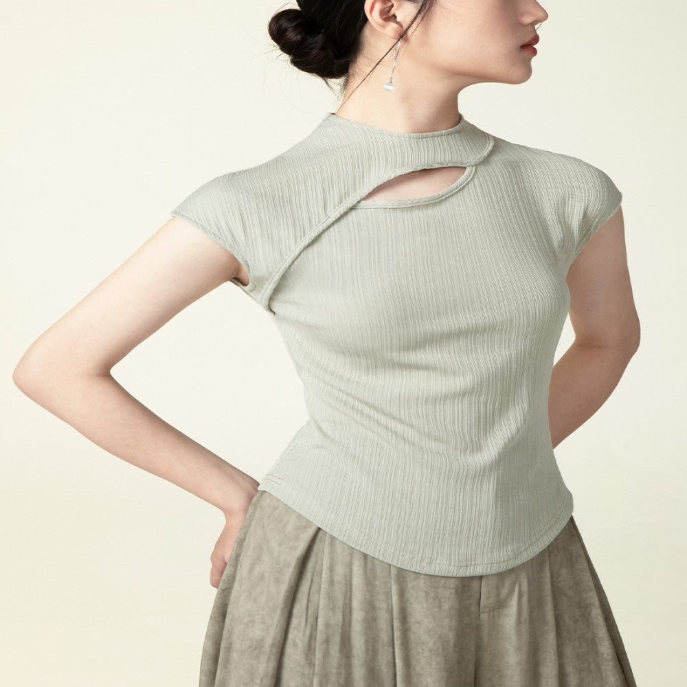 Yiyan New Chinese Knitted Top for Women 2024 New Black Texture Broken Cave National Style Slimming T shirt Short Sleeve image 28