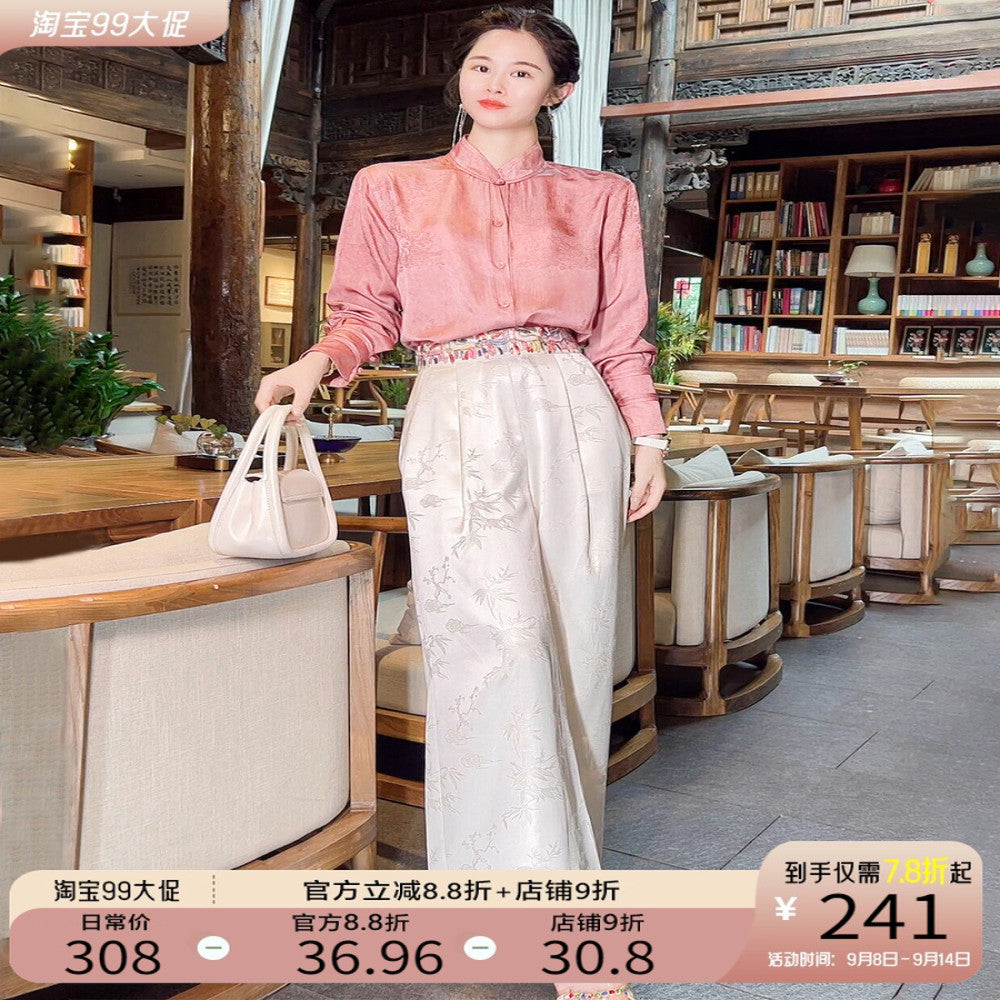 High quality goods Heavy Industry Embroidered Silk Jacquard White New Chinese Style Wearing National Style Pants Children s 2025 Early Spring Wide Leg Pants image 1
