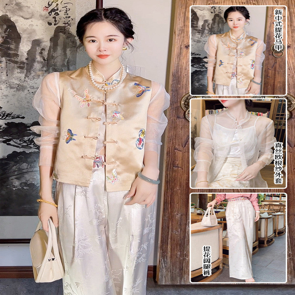 High quality goods Heavy Industry Embroidered Silk Jacquard White New Chinese Style Wearing National Style Pants Children s 2025 Early Spring Wide Leg Pants image 40