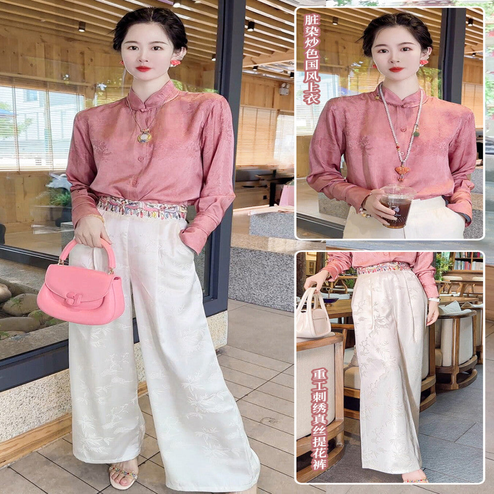 High quality goods Heavy Industry Embroidered Silk Jacquard White New Chinese Style Wearing National Style Pants Children s 2025 Early Spring Wide Leg Pants image 60