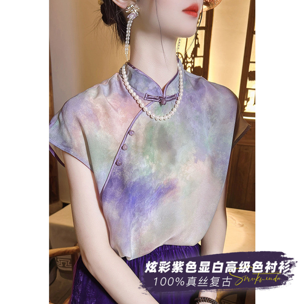 ASAYA2976 New Chinese style is top-notch silk mulberry silk retro light national style button purple top